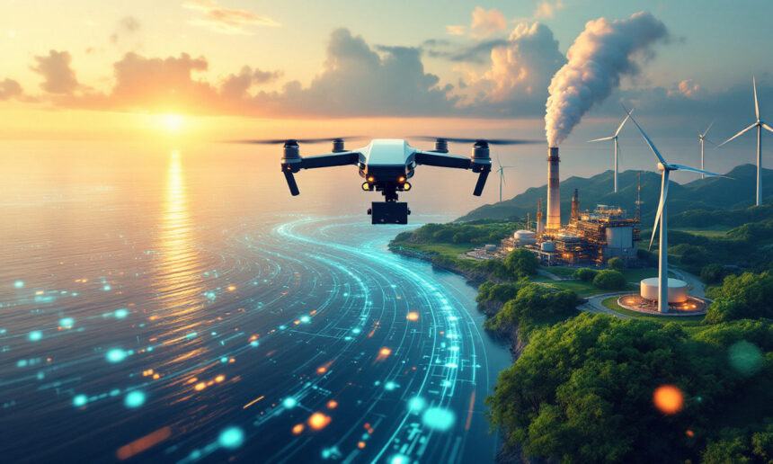 En drone flyver over en kystlinje ved solnedgang med digitale dataspor på vandet, vindmøller og en fabrik med røg, der stiger op i baggrunden og blander teknologi og miljøtemaer. - Kunstig intelligens AI